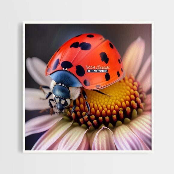 8x8 Ladybug Beetle on a Flower Watercolor Oil Painting Art Print - Picture 5 of 5